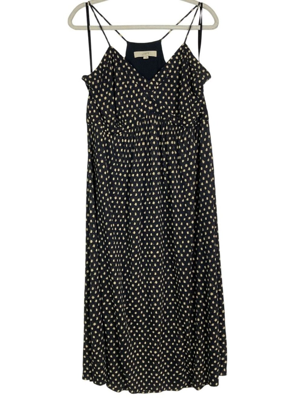 LOFT Navy Polka Dot Midi Dress Spaghetti Strap V-Neck Empire Waist Size L